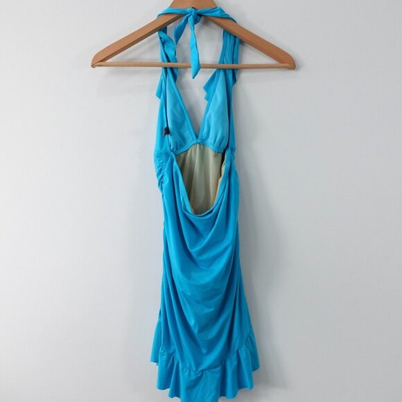 KENNETH COLE Swimsuit Small Skirted One Piece Ruched V Neck Open Back Ruffle - Picture 6 of 13